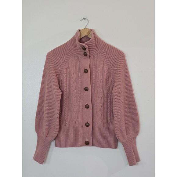 J. Crew Cable Knit Lambs Wool Pink Sweater Cardigan Size Small Balloon Sleeves - Picture 1 of 10